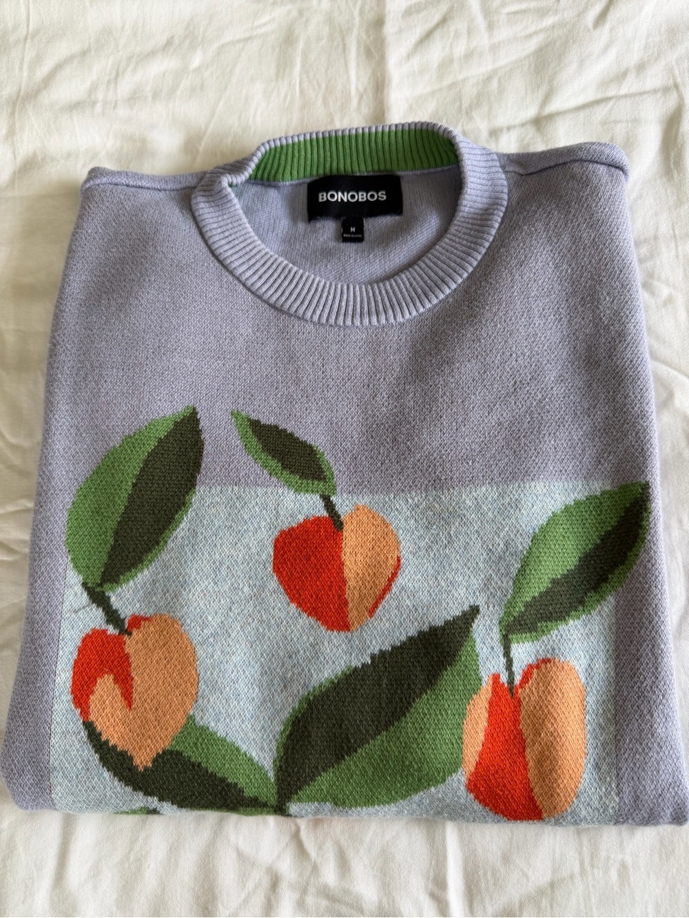 Bonobos Light Purple Crewneck Sweater with Orange & Red Fruit Intarsia